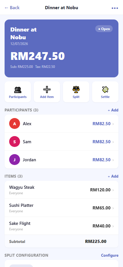 An itemised receipt the app read from a photo, every line editable