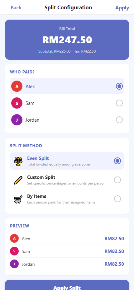 The split screen with even, custom, and item-by-item options
