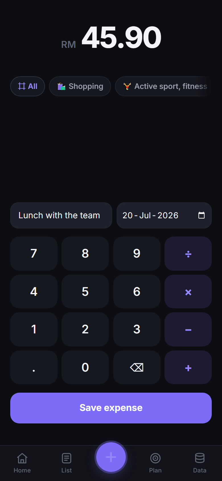 Adding an expense with a calculator-style amount pad and a category picker
