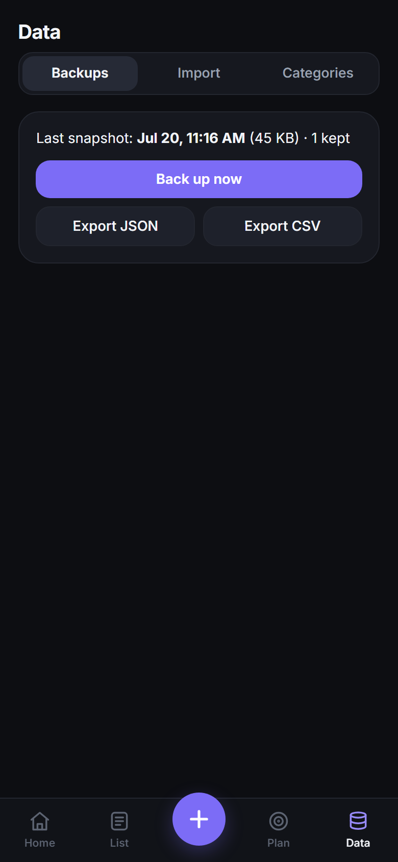 Backup status showing the last snapshot, with JSON and CSV export