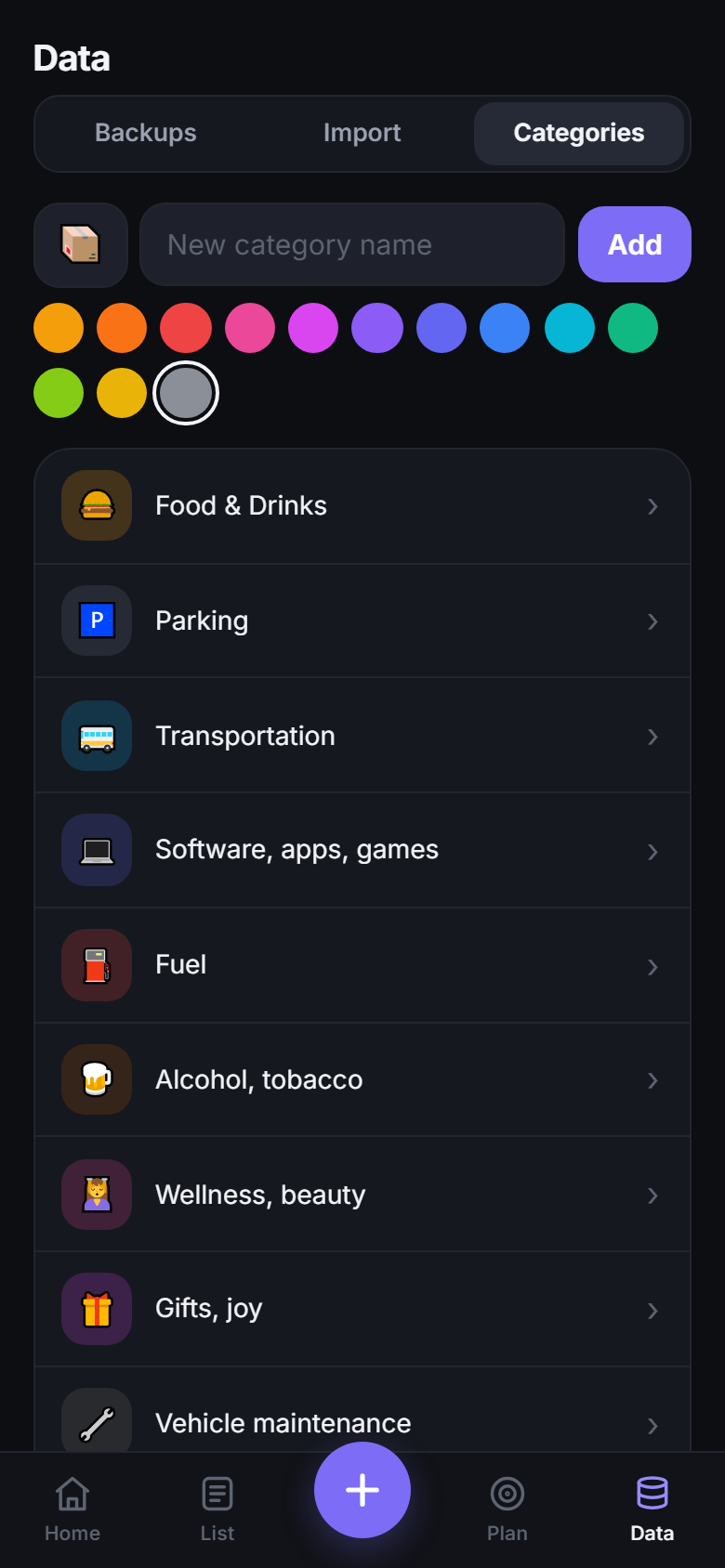 Custom categories with an emoji and colour picker