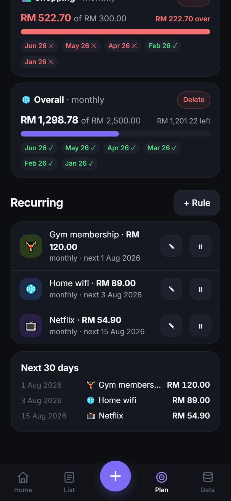 Recurring rules for subscriptions and bills, with a next-30-days projection