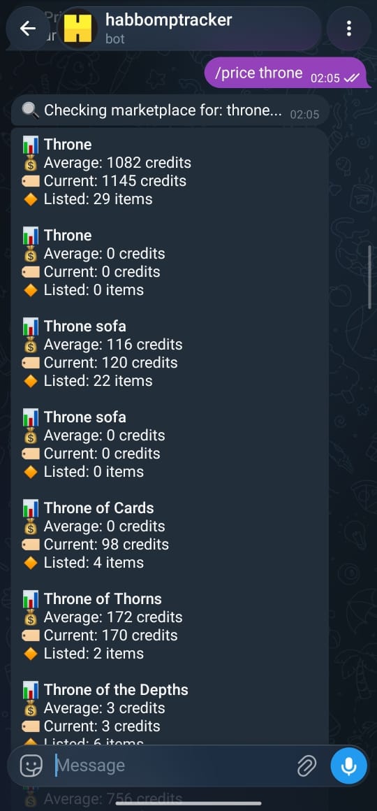 The bot answering /price with ranked marketplace results